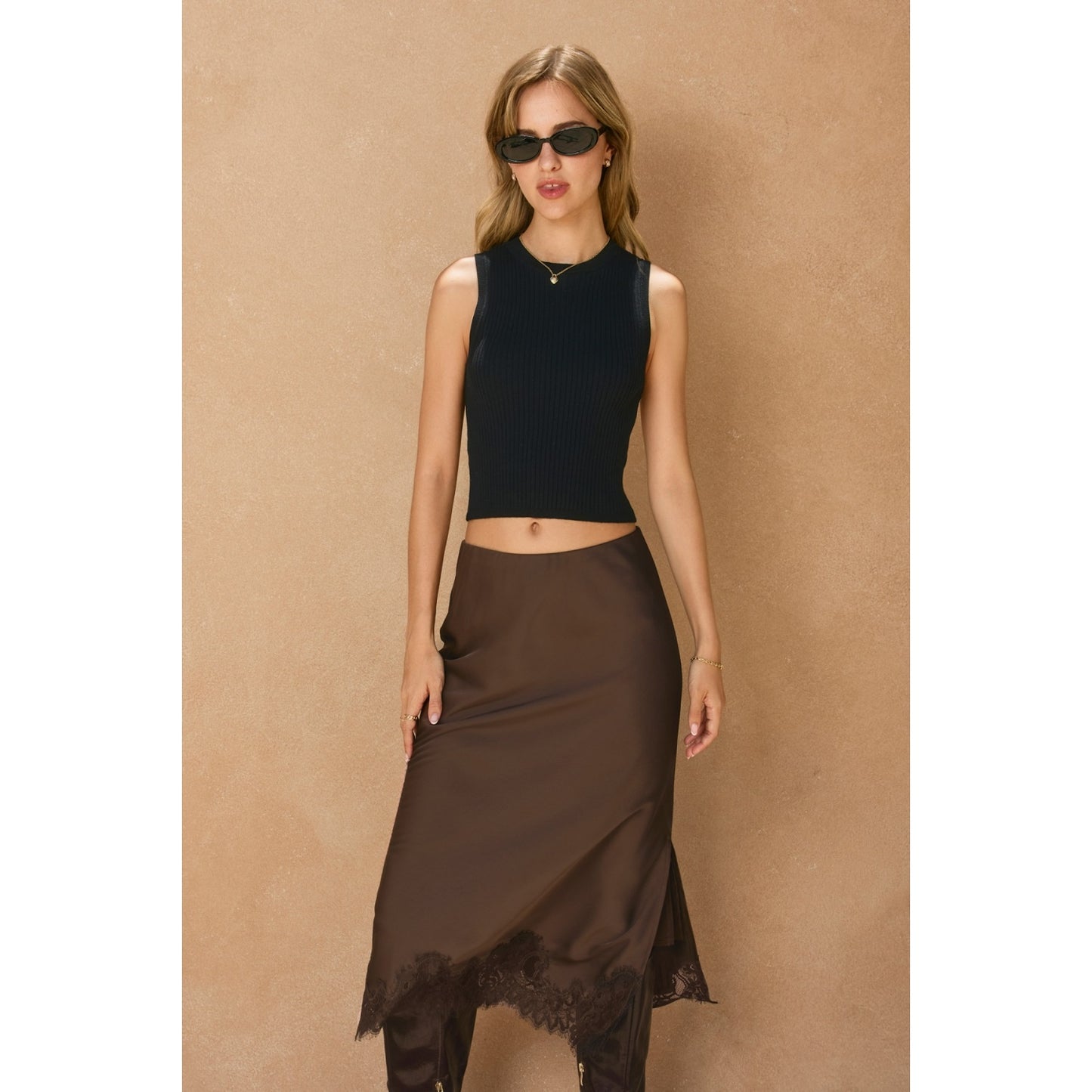 Satin Lace Hem Pencil Skirt-Dark Chocolate