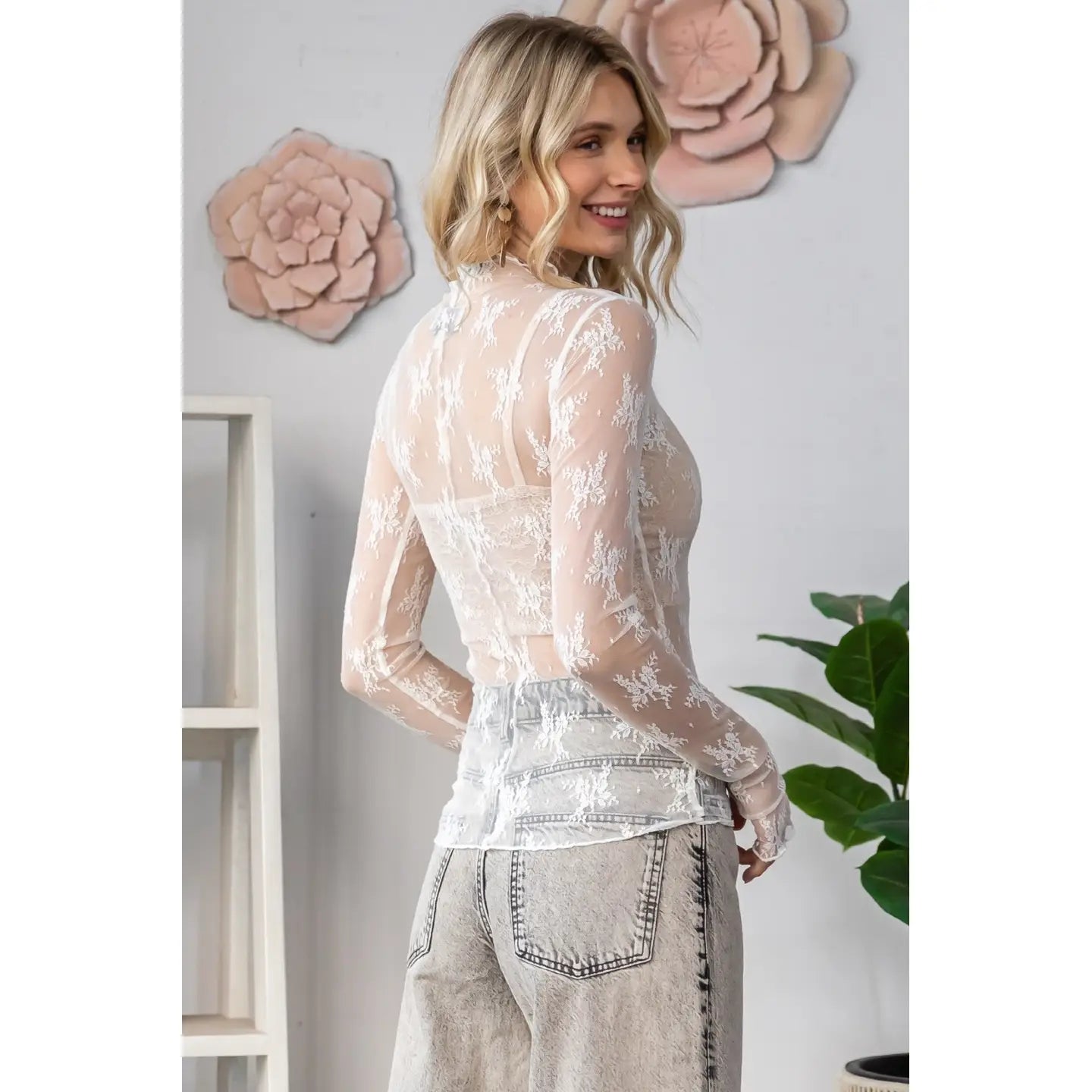 Lace Long Sleeve See Through Top-Ivory