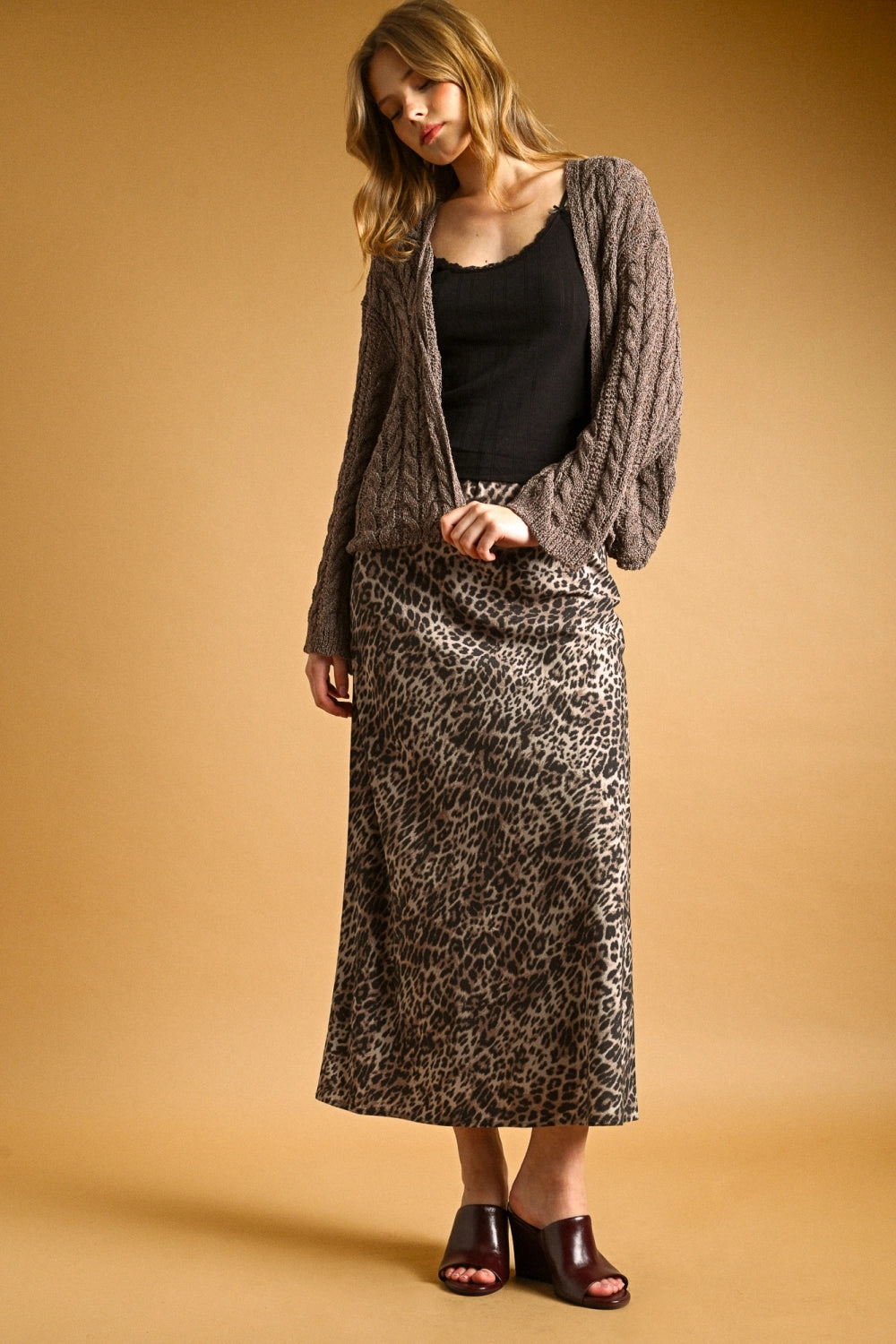 Emberlee Light Weight Cable Knitted Cardigan-Brown