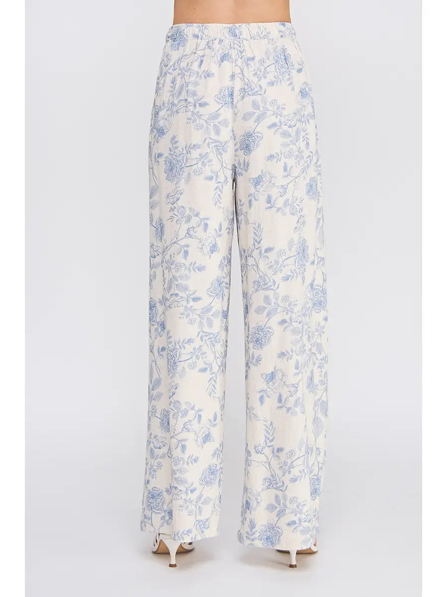 Allie Printed Soft Linen Elastic Tie Waist Wide Leg Pants