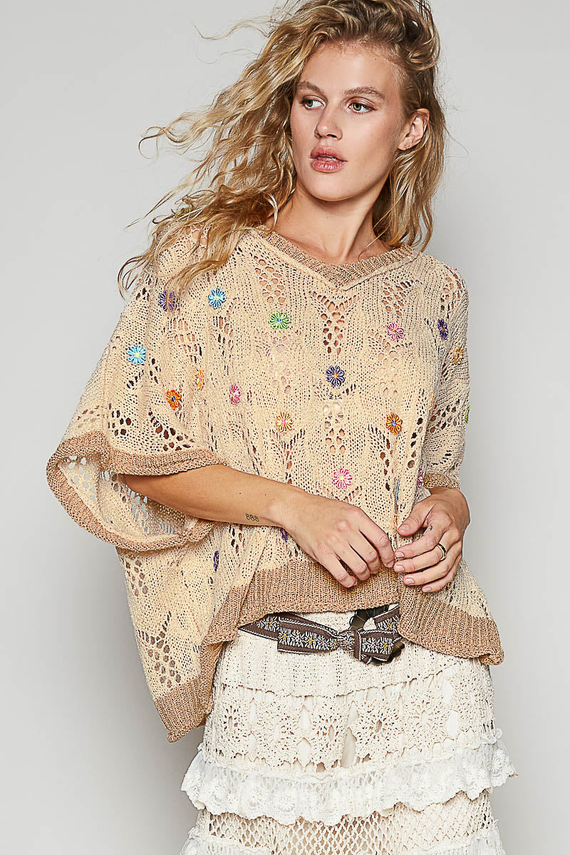 Polly V-neck Sleeveless Flower Outseam Thin Sweater Top-Beige/Latte