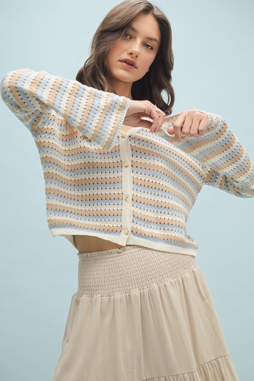 Maris STRIPED CROCHET BUTTON-UP SWEATER TOP-Taupe/Sky