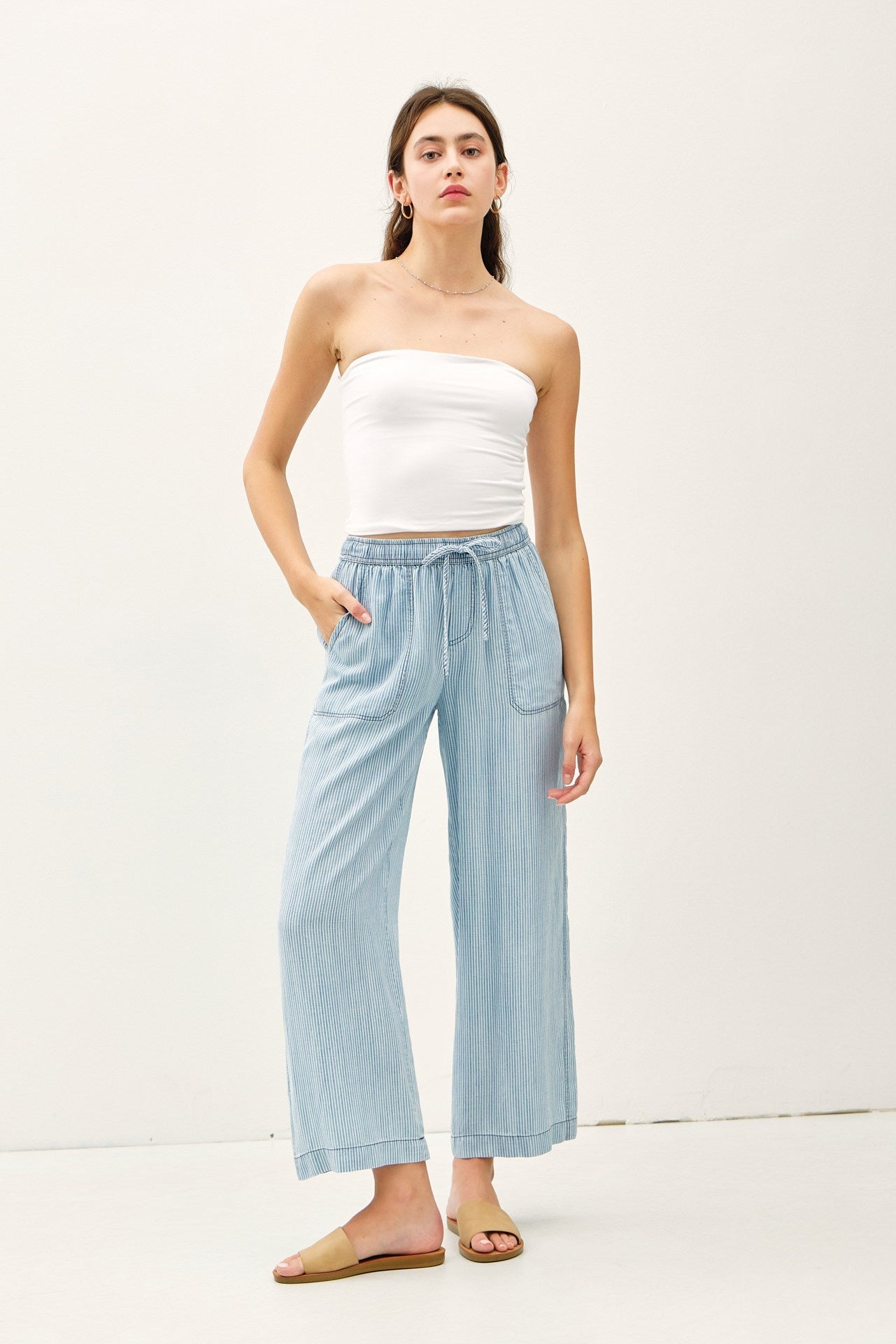 STRIPED WIDE LEG TENCEL PANT-Blue