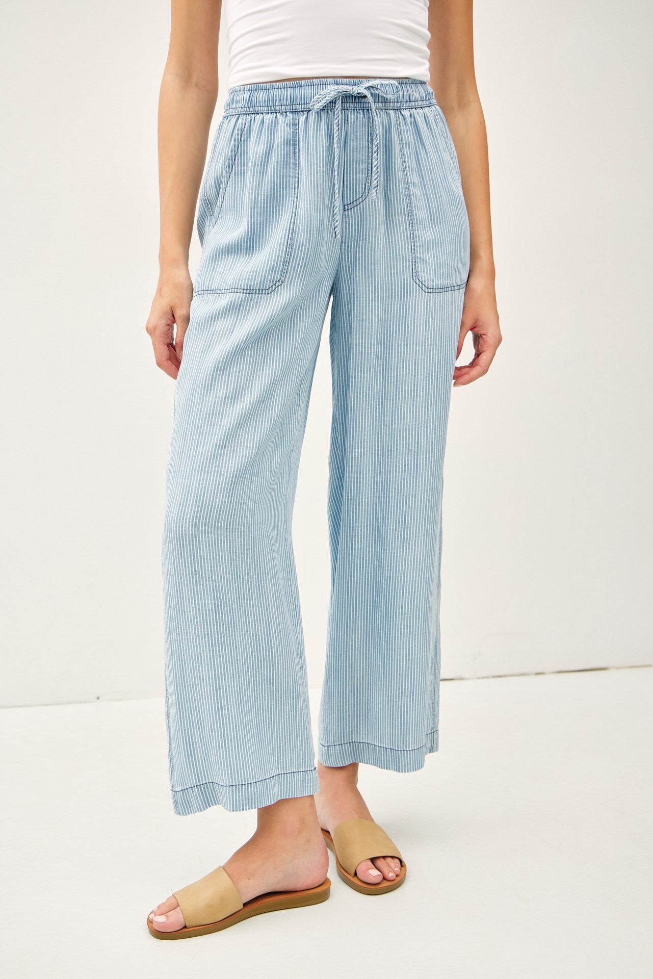 STRIPED WIDE LEG TENCEL PANT-Blue