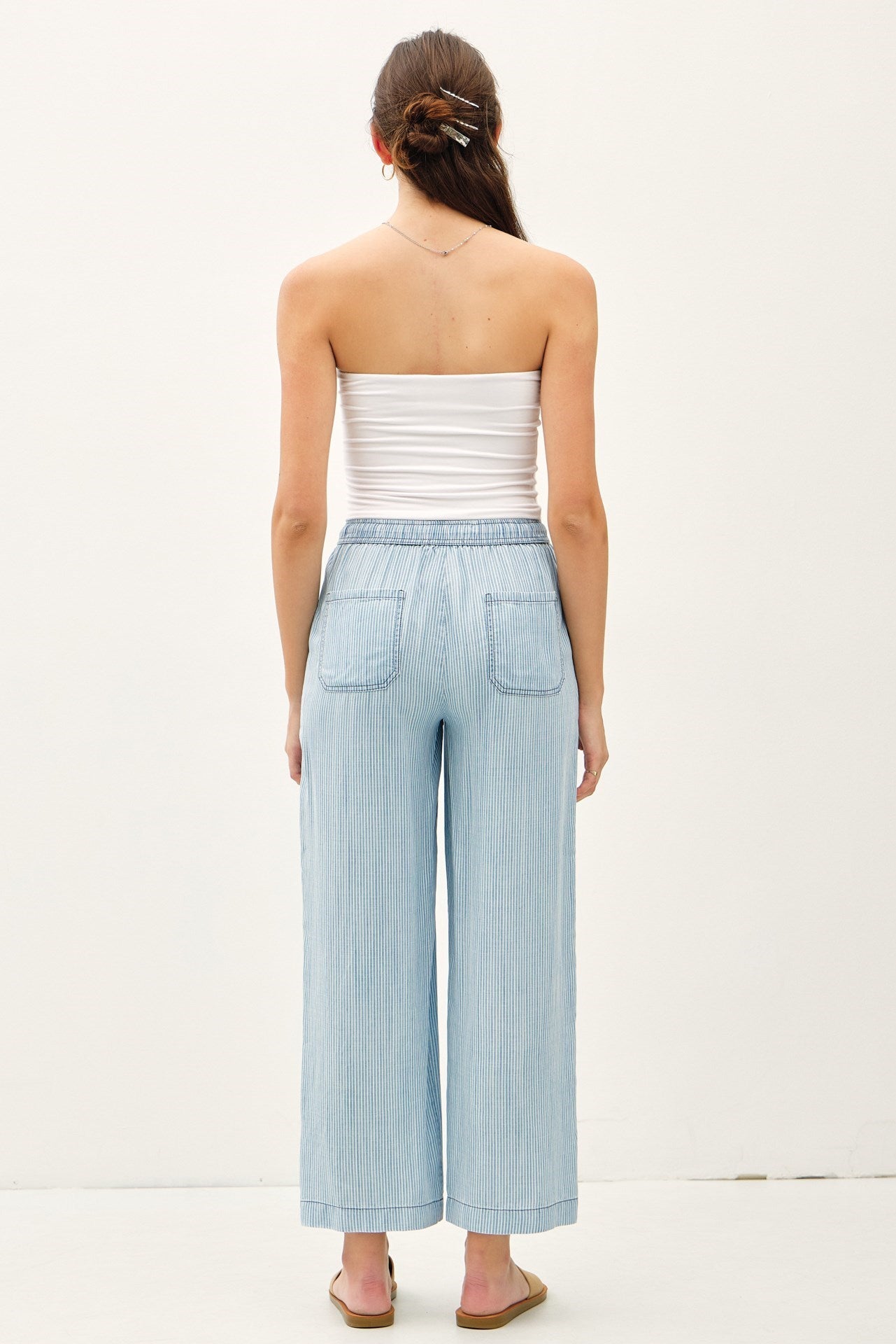 STRIPED WIDE LEG TENCEL PANT-Blue
