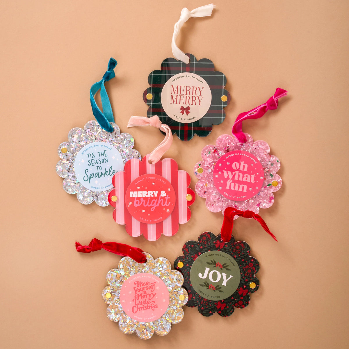 Scalloped Round Picture Frame Ornament-Peppermint Stripes