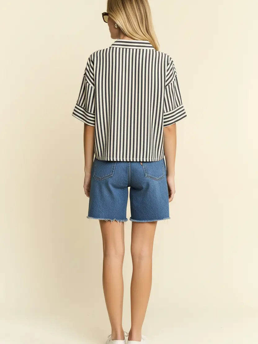 Stripe Collar Short Sleeves Shirt-Cement