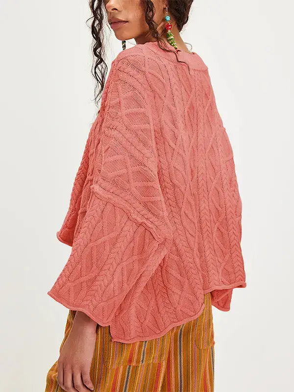 Cropped Cable Knit Sweater with Bell Sleeves-Black