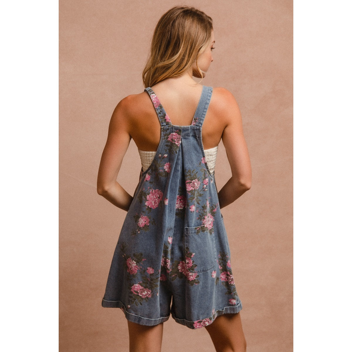 Flower Print Washed Denim Wide Leg Shortalls