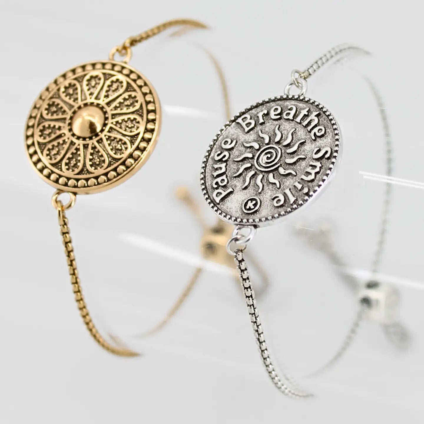 Pause Breathe Smile Mandala Adjustable Bracelet-Antique Gold