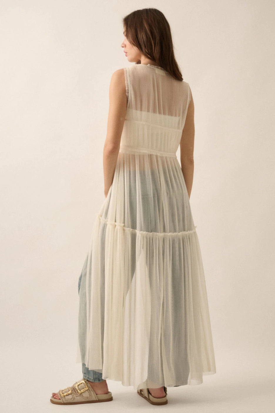 Sheer Tulle Ruffled Tie-Front Layering Maxi Top-Off White