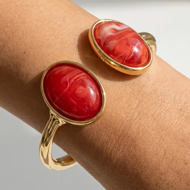 Double Cabochon Open Cuff Bracelet- RED