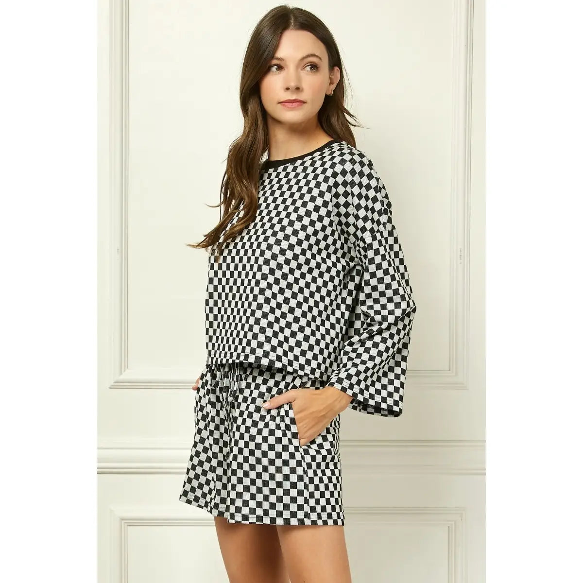 Checker Jersey Long Sleeve Top-Black
