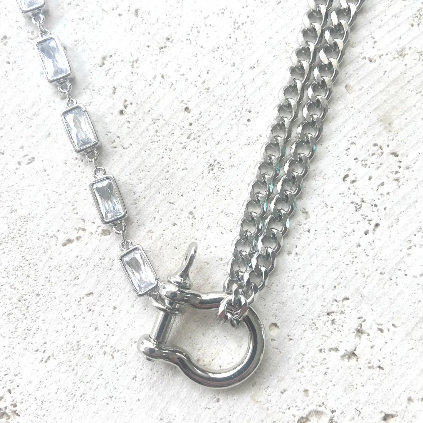 Edgy Glam Carabiner Shackle Necklace Silver Stainless Steel
