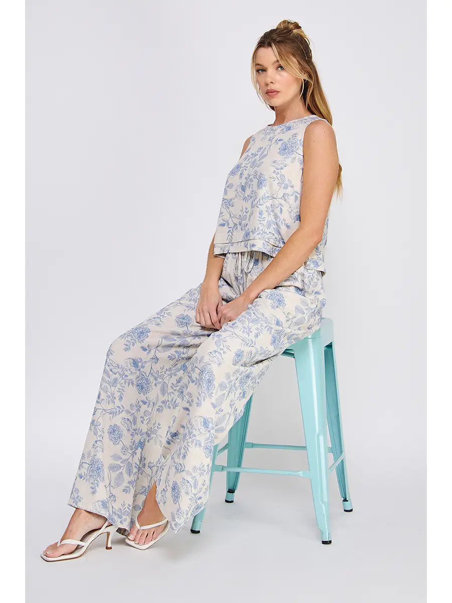 Allie Printed Soft Linen Elastic Tie Waist Wide Leg Pants
