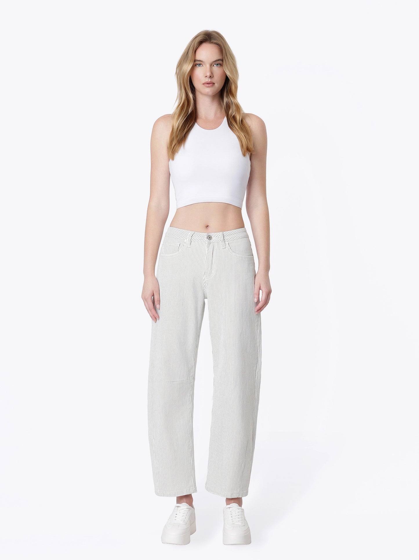 High Rise Dart Detail Striped Crop Barrel Jeans