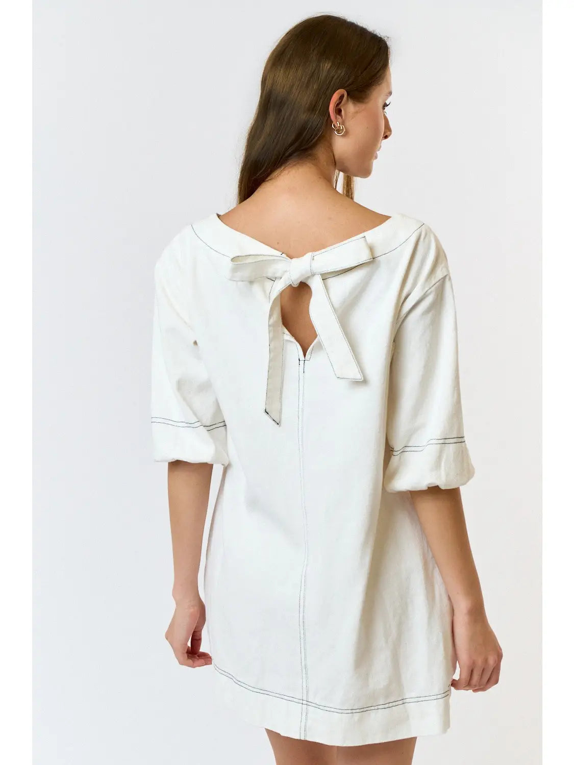 Denim Mini Dress with Boat Sleeves and Puff Sleeves-Off White