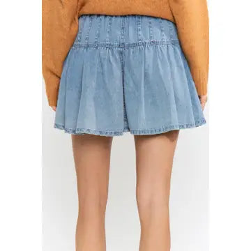 Buttoned Denim Skirt with Adjustable Waist Tie
