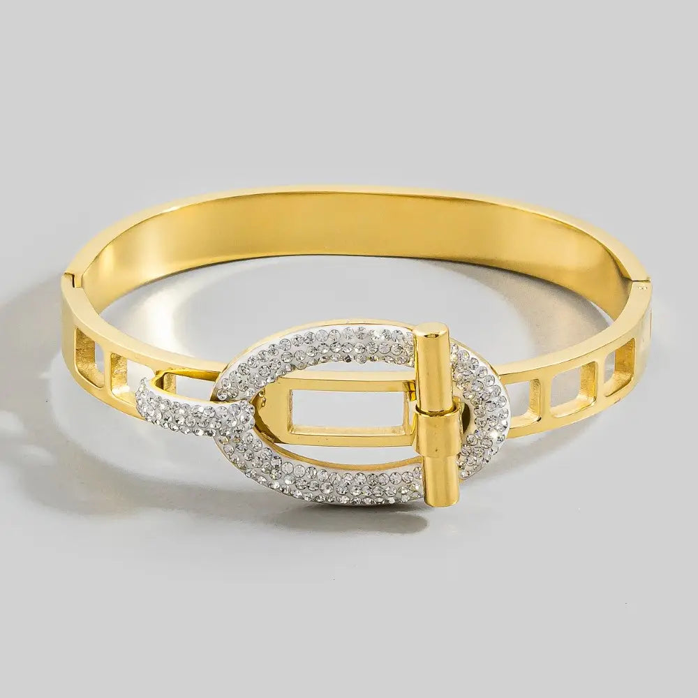 Stainless Steel Pave Oval Buckle Hinged Bangle Bracelet-Gold
