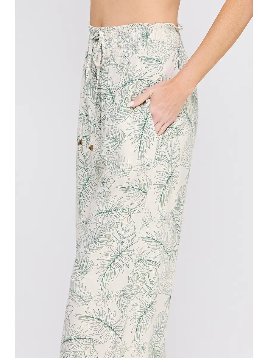 Amanda Printed Linen Blend Smocked Tie Waist Wide Leg Pants