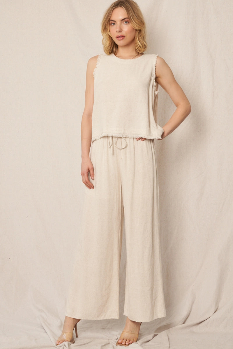 Celia Back Button Detail Sleeveless Top-Natural