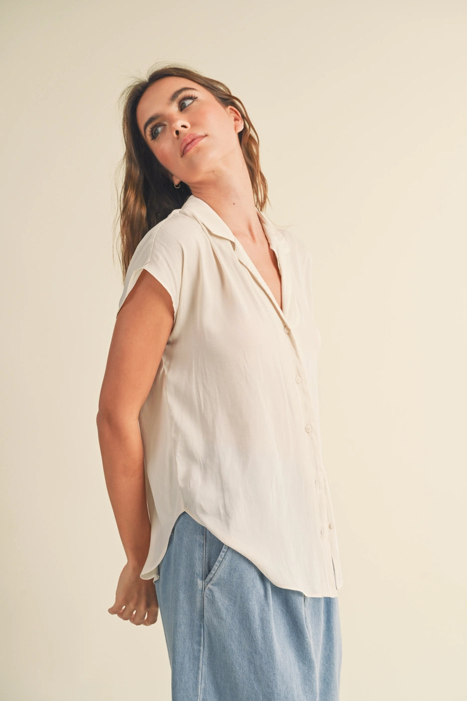 Button Down Cap Sleeve Shirts-Cream