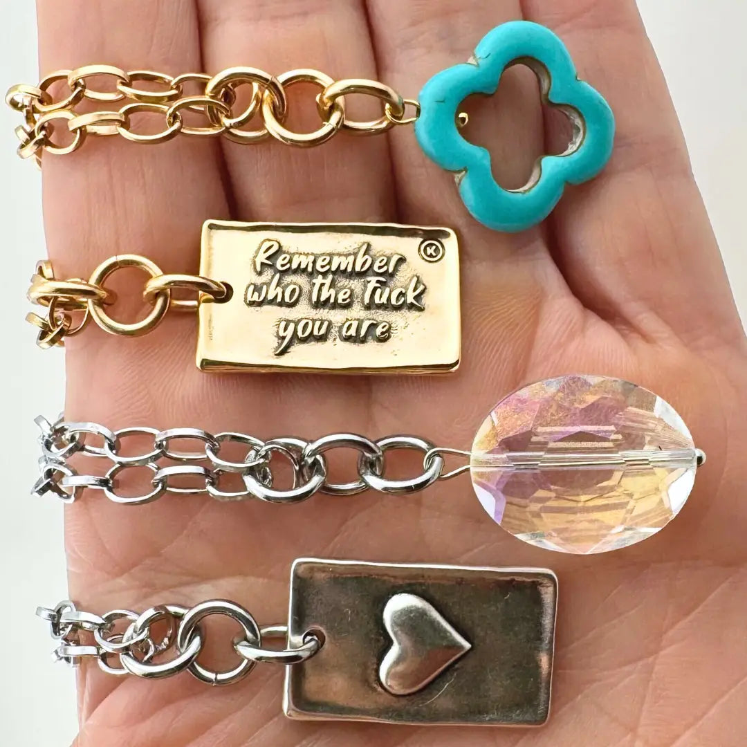 "Remember Who the F**k You Are" Original Lite Necklace Gold, Howlite Clover