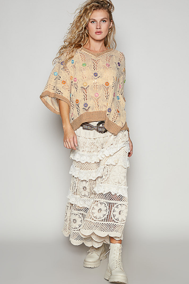 Polly V-neck Sleeveless Flower Outseam Thin Sweater Top-Beige/Latte