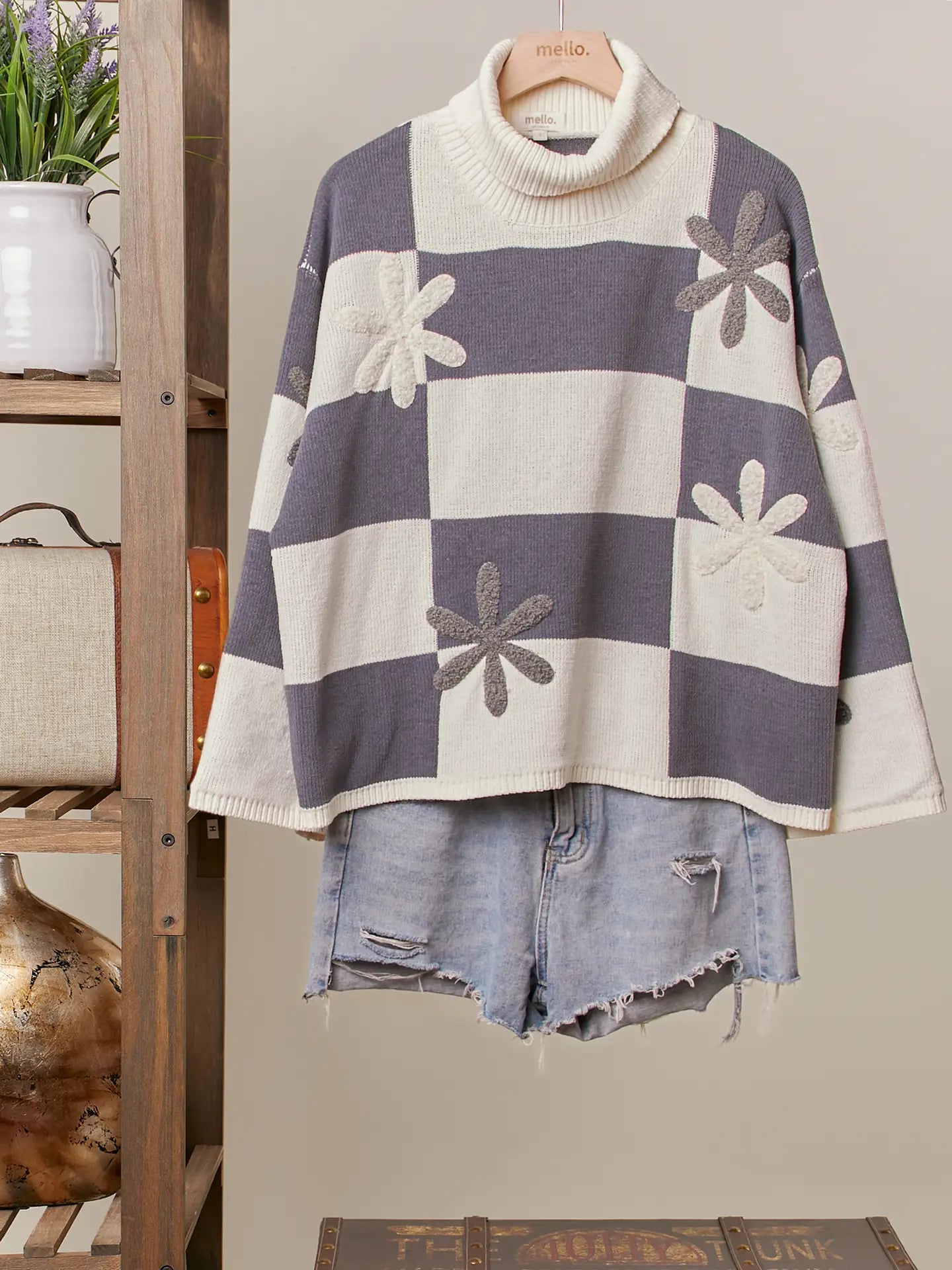 Checkerboard Flower Knit Turtleneck Sweater