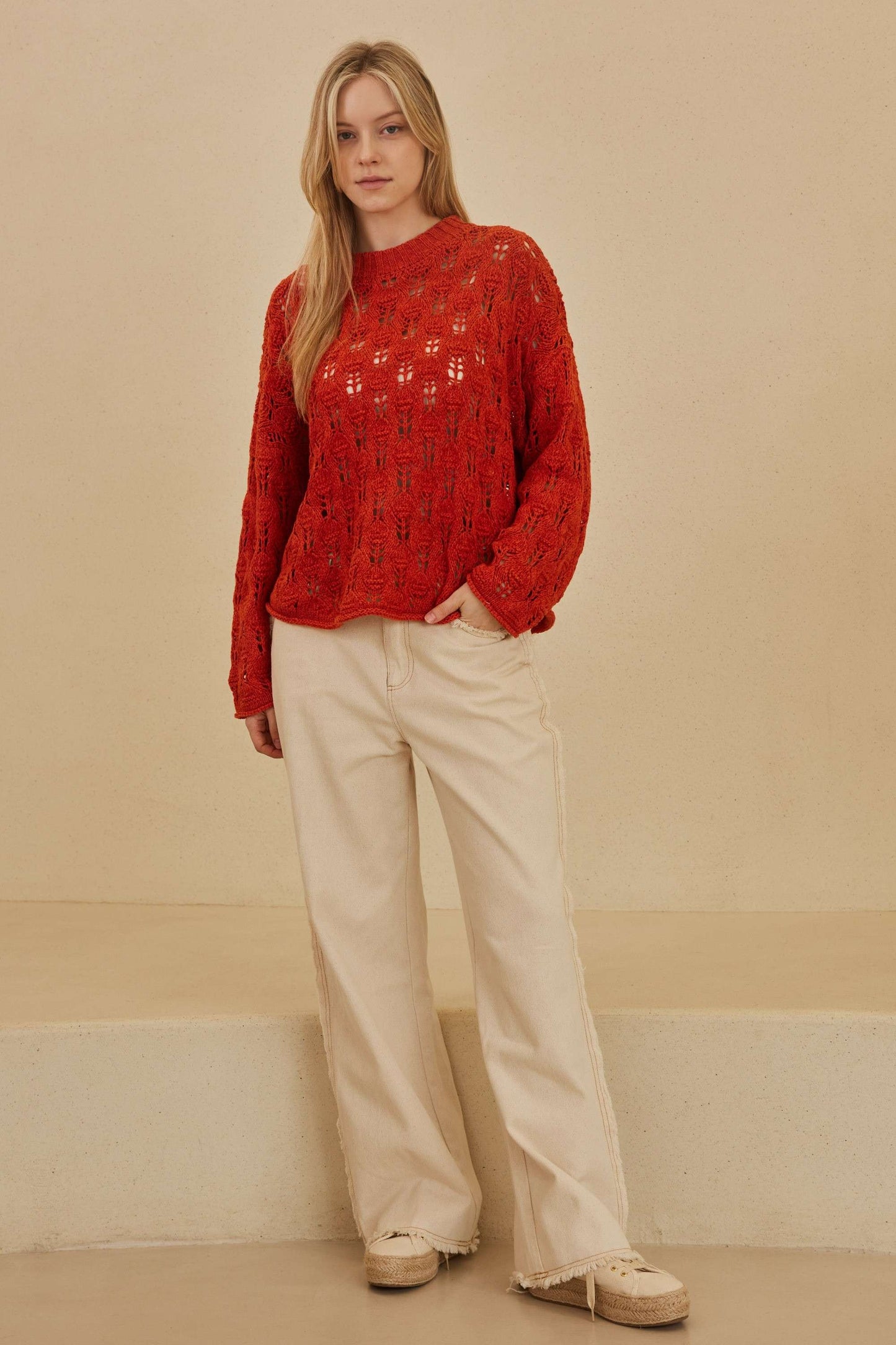 See Through Loose Fit Sweater-Burnt Orange