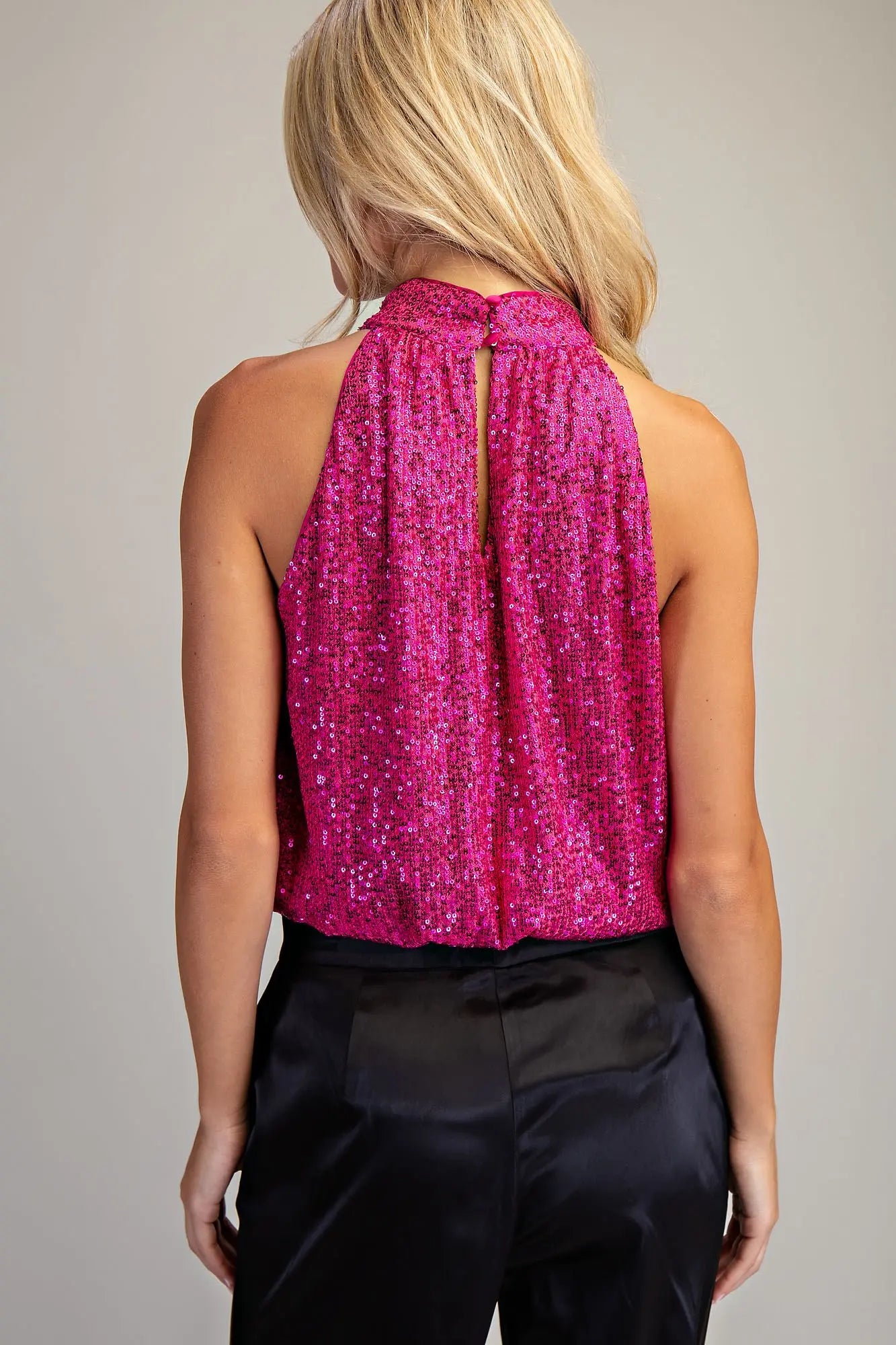 Sequin GLITTER HALTER NECK TOP-Hot Pink