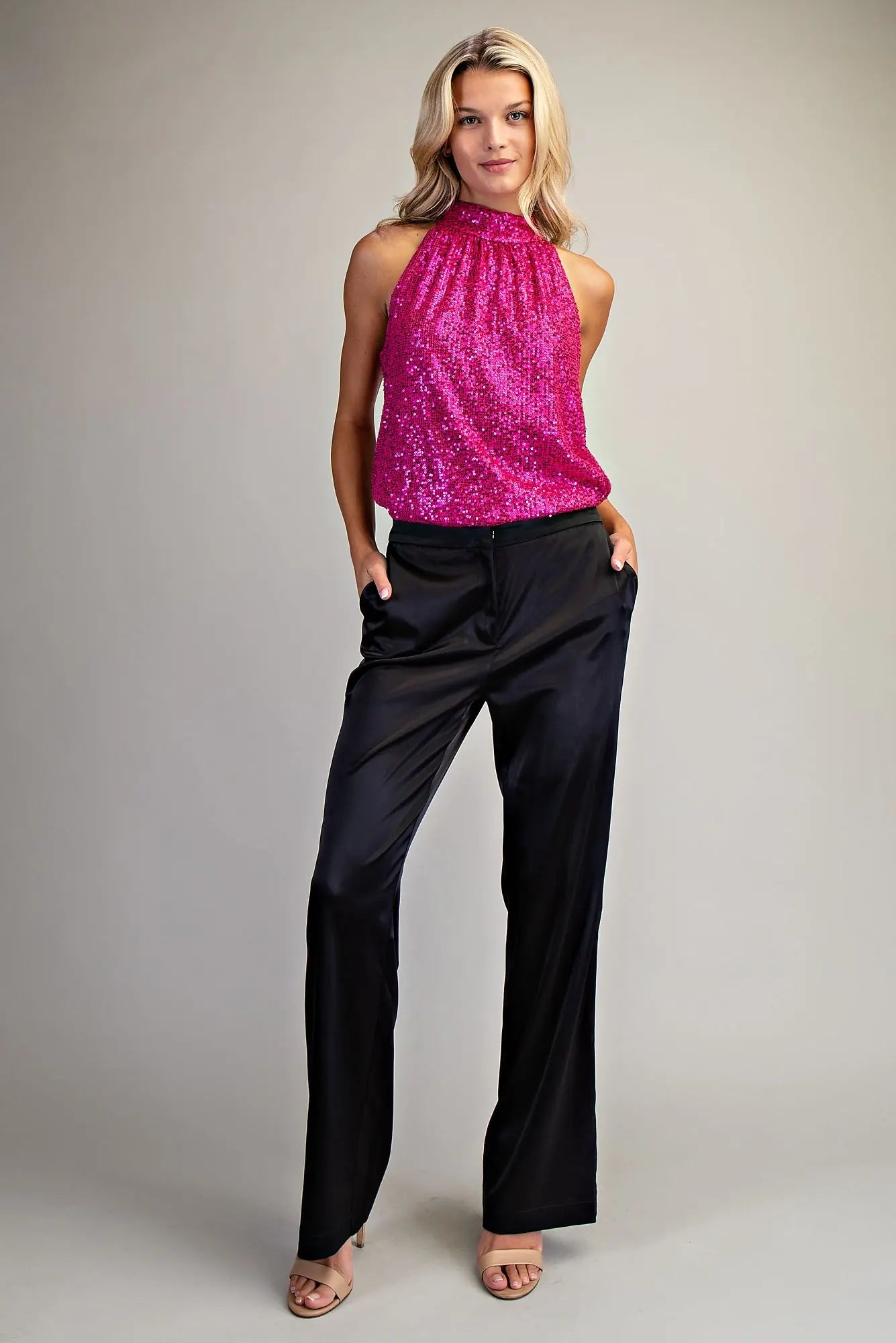 Sequin GLITTER HALTER NECK TOP-Hot Pink