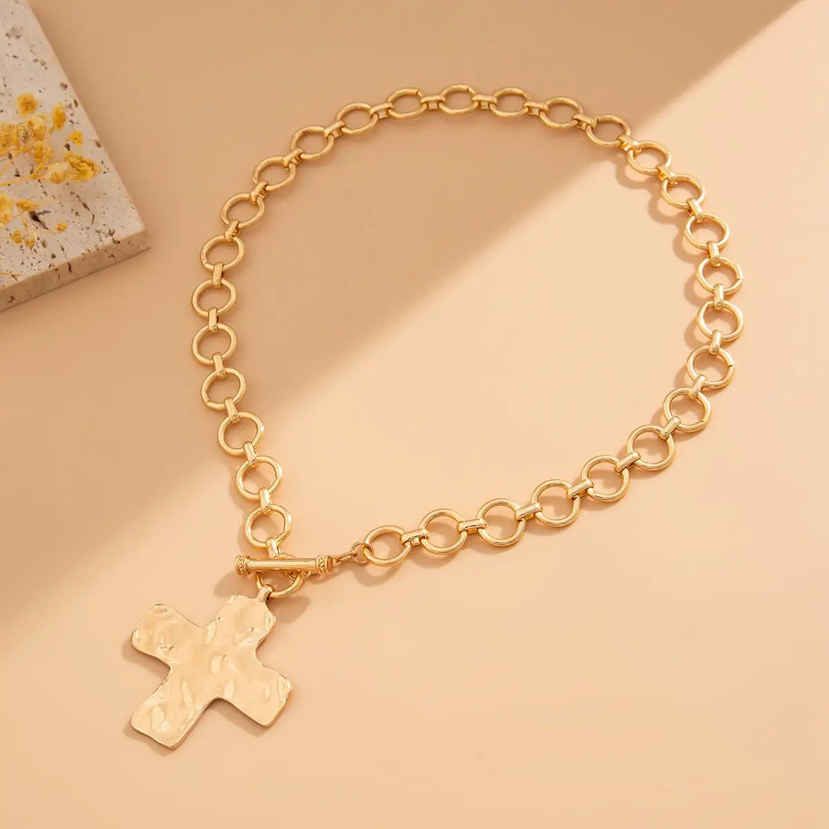 Notable Hammered Cross Front Toggle Necklace-Gold