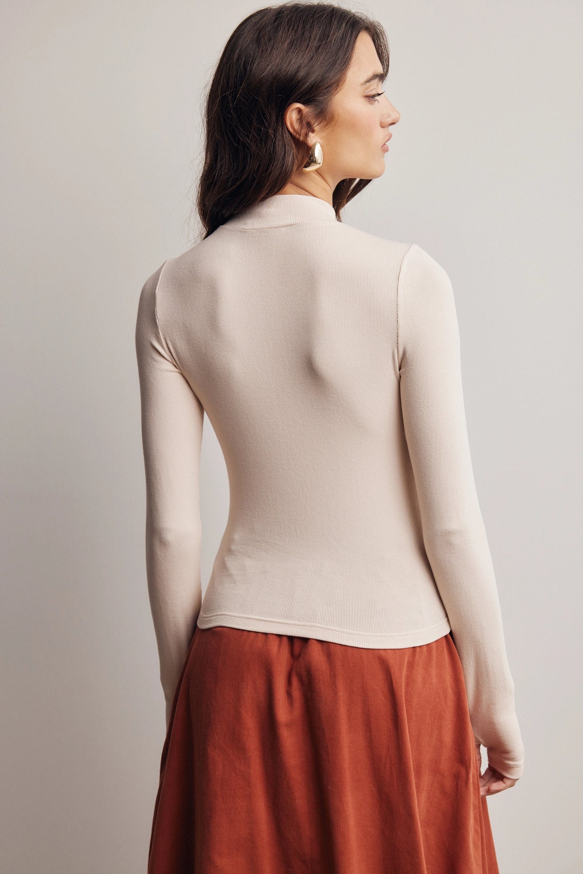 Mara Stretch Ribbed Mock Neck Top-Ecru