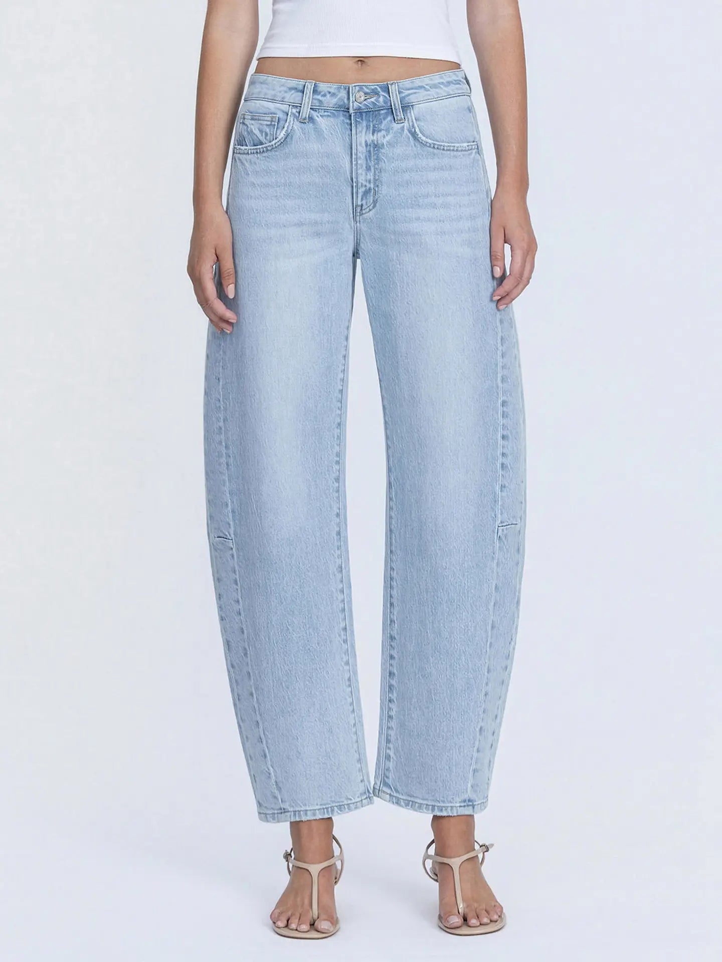 Kate Hasley High Rise Light Wash Seam Detail Crop Barrel Jeans