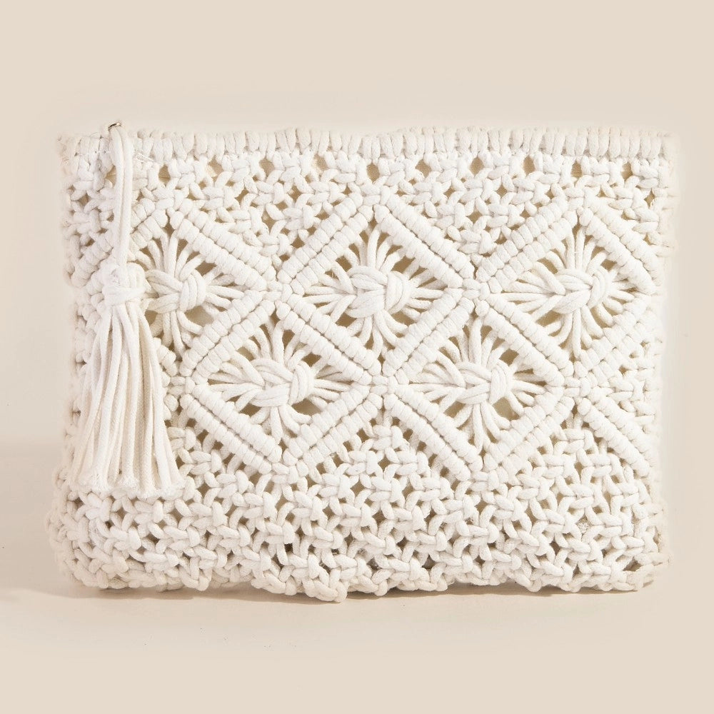 Crochet Clutch Tassel Bag-Ivory