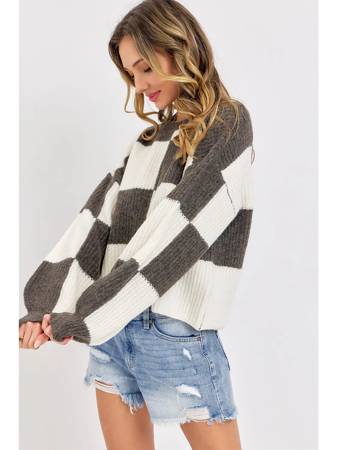 Casual Soft Cozy Relaxed Fit Checker Knit Sweater-Brown/Ivory