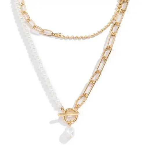 Pearl Mix Double Layer Toggle Necklace-Gold