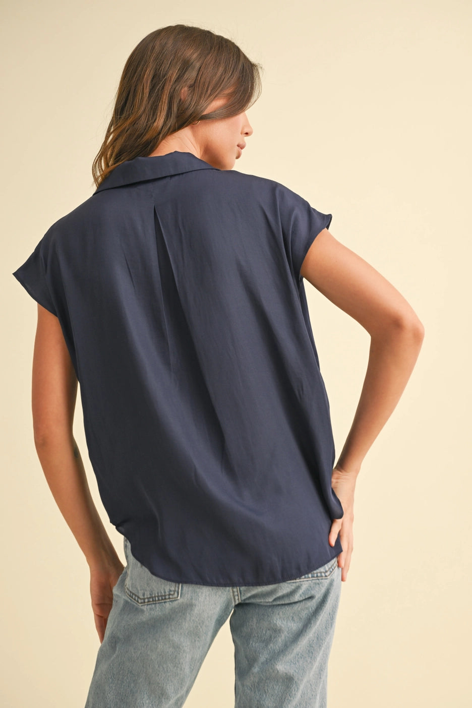 Button Down Cap Sleeve Shirt-Navy