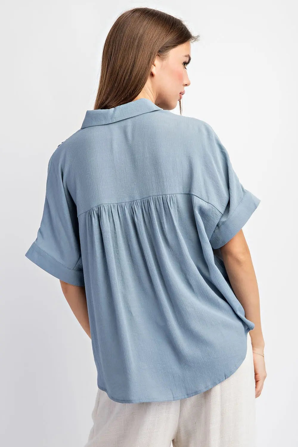 Kiran Solid Short Sleeve Button Down Top-Ice Blue