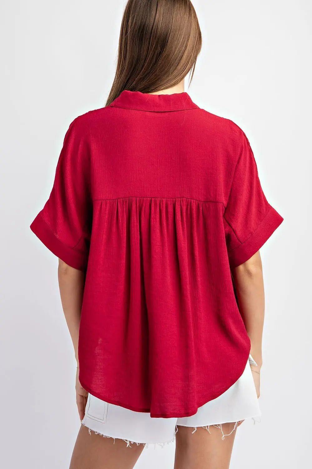Kiran Solid Short Sleeve Button Down Top-Lipstick