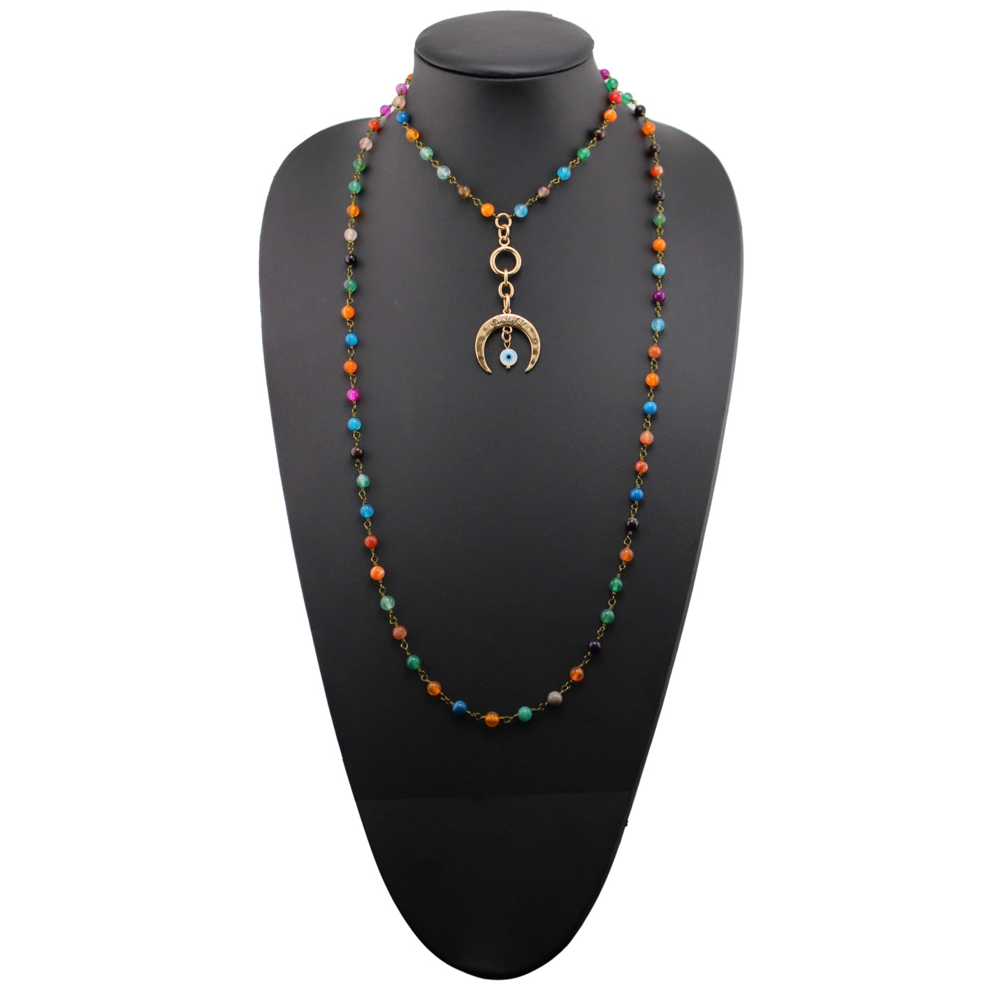 "Grateful" Crescent Moon Long Rosary Chain Necklace-Multicolor Agate