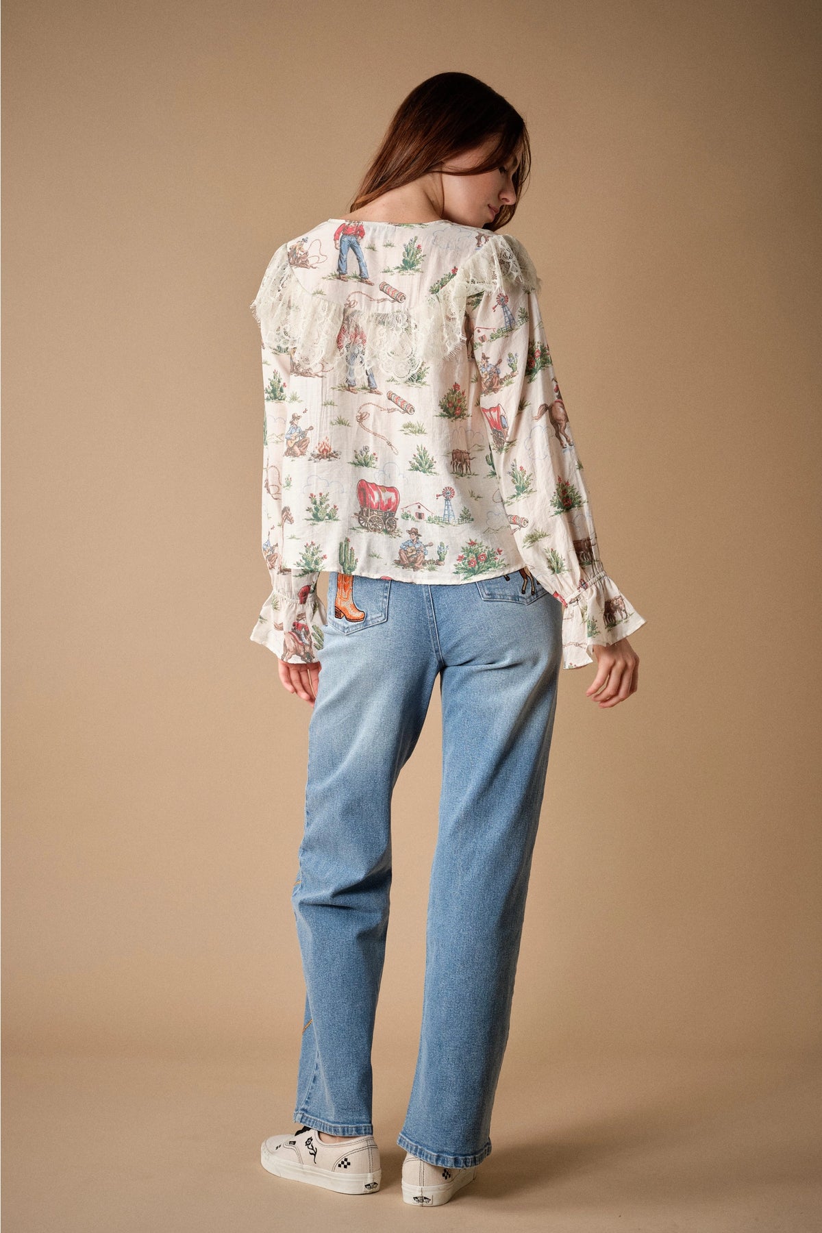 Western Lace-Trim Printed Blouse