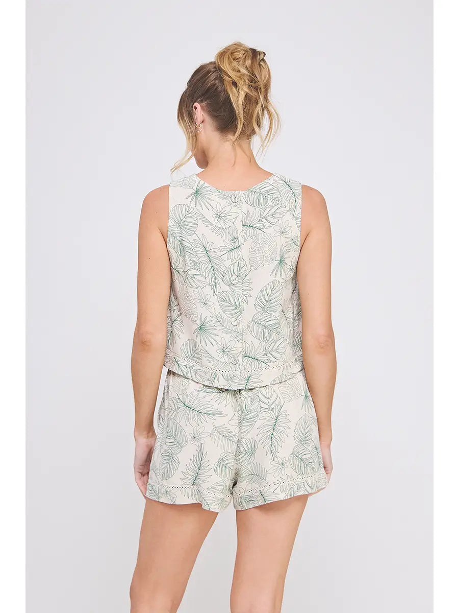Amanda Printed Linen Blend Button Back Tank