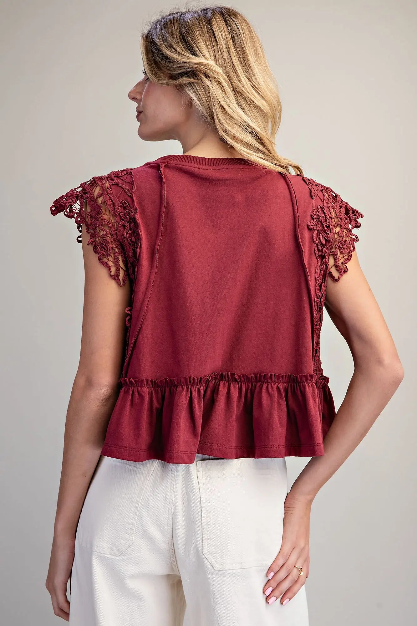 Isa Side Lace Trim Ruffle Hem Top-Wine