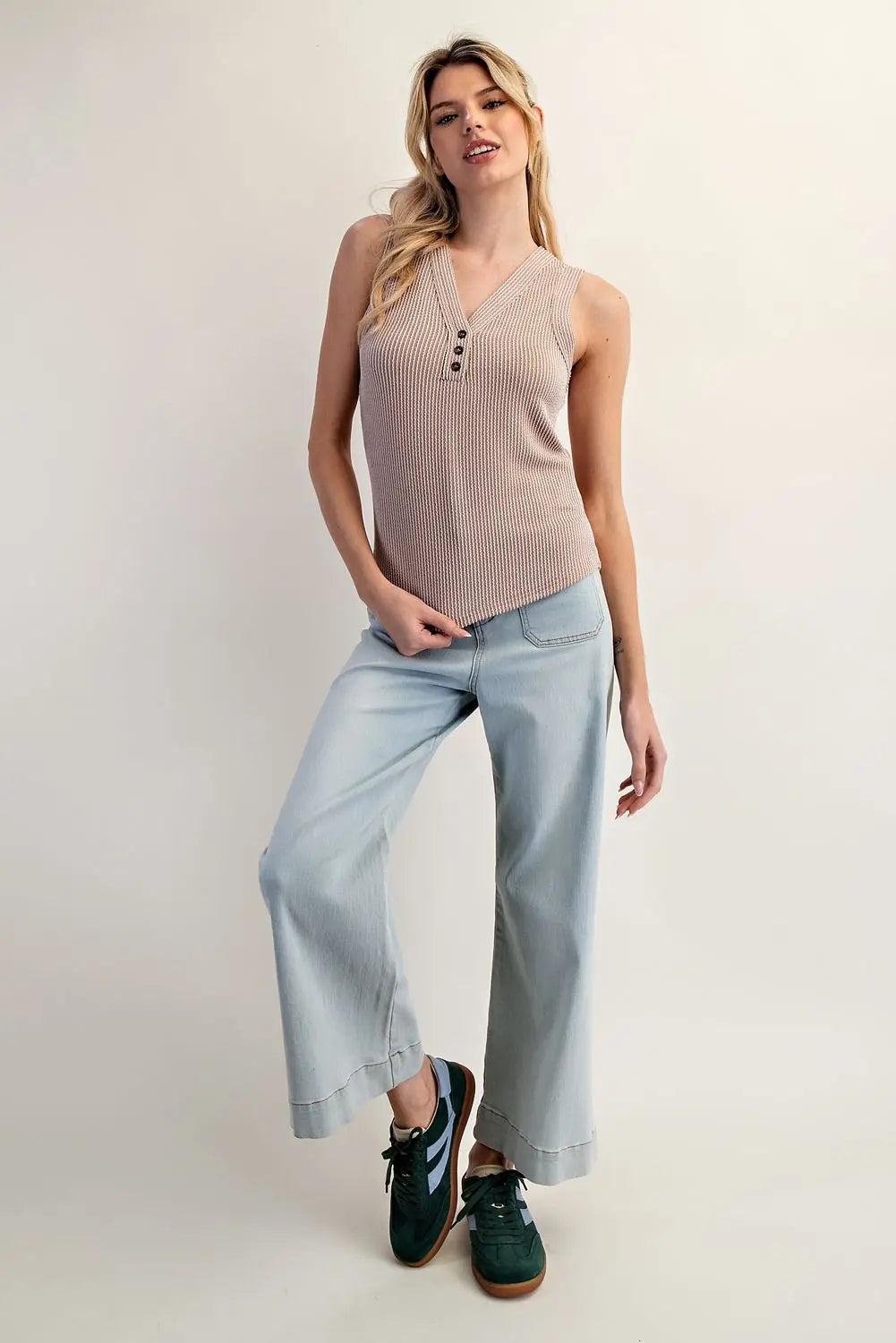 Textured V-Neck Tank Top-Mushroom