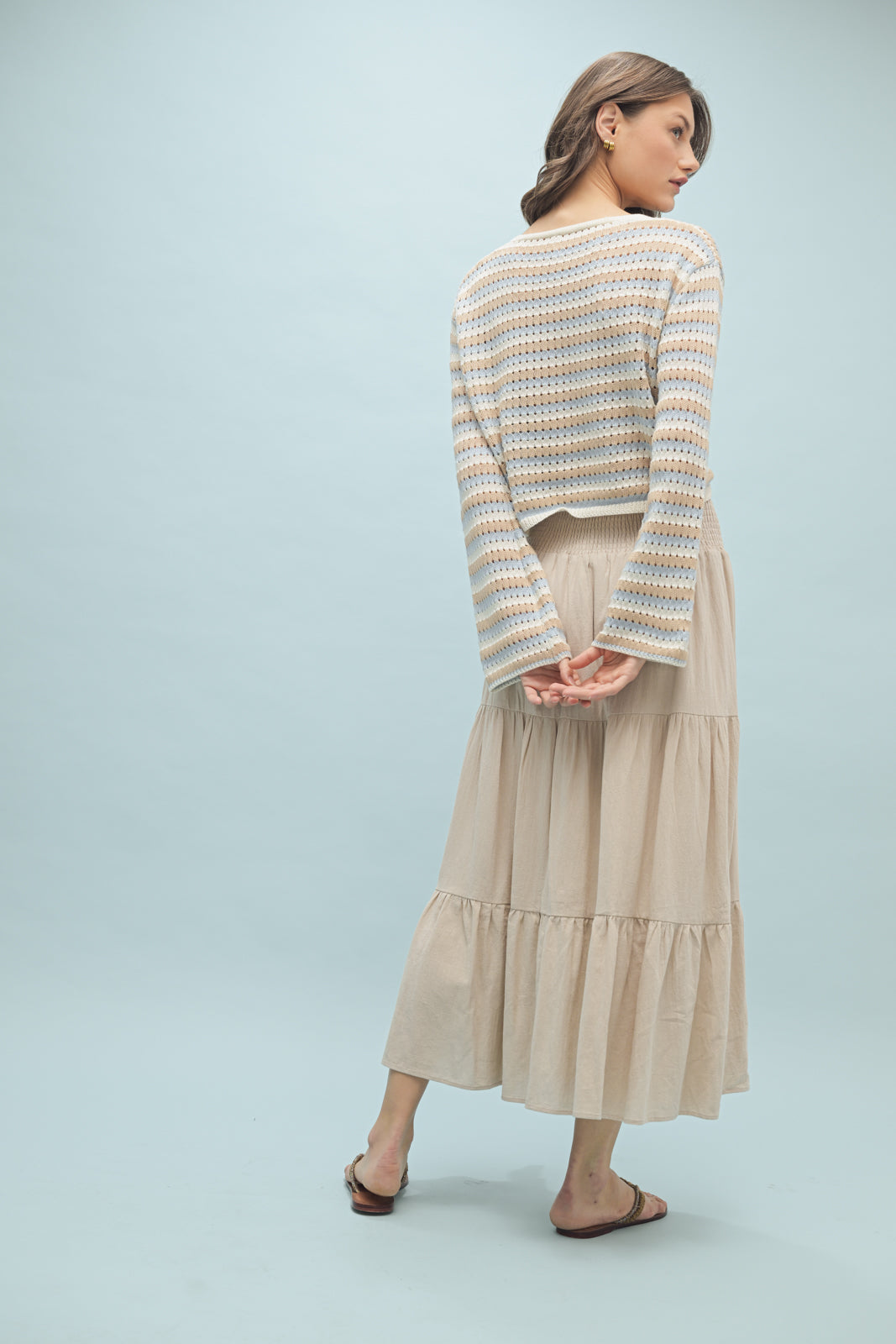 Maris STRIPED CROCHET BUTTON-UP SWEATER TOP-Taupe/Sky