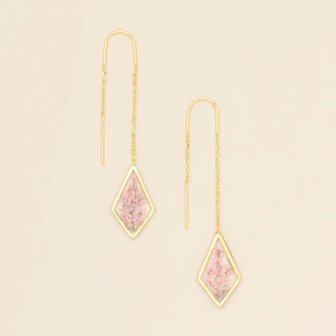 Pressed Flower Thread Earring - Pink Lace Flower/Gold