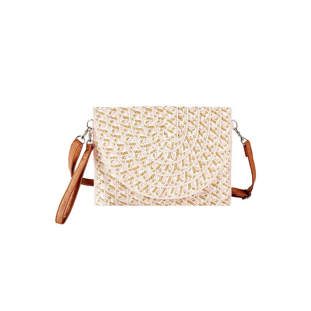 Multi Color Summer Straw Clutch & Crossbody Bag-Pink