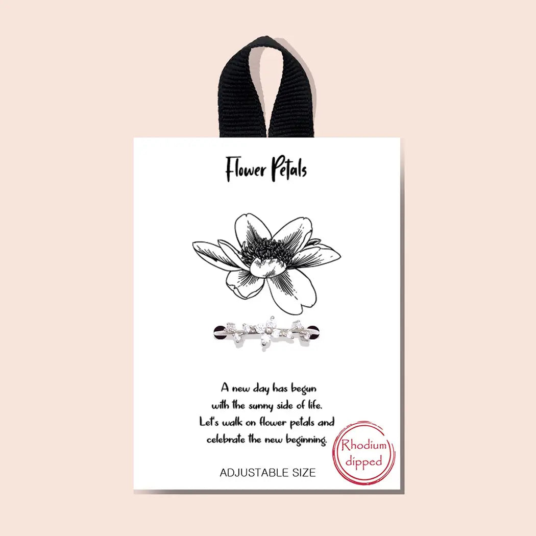 Cz Gold-Dipped Flower Petals Adjustable Ring-Rhodium